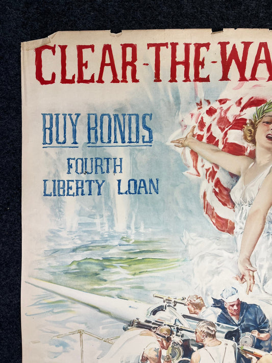 Original WW1 Clear The Way - Lady Columbia - Liberty Bonds Poster - 1917 World War 1 Propaganda Poster, US History, Military Memorabilia