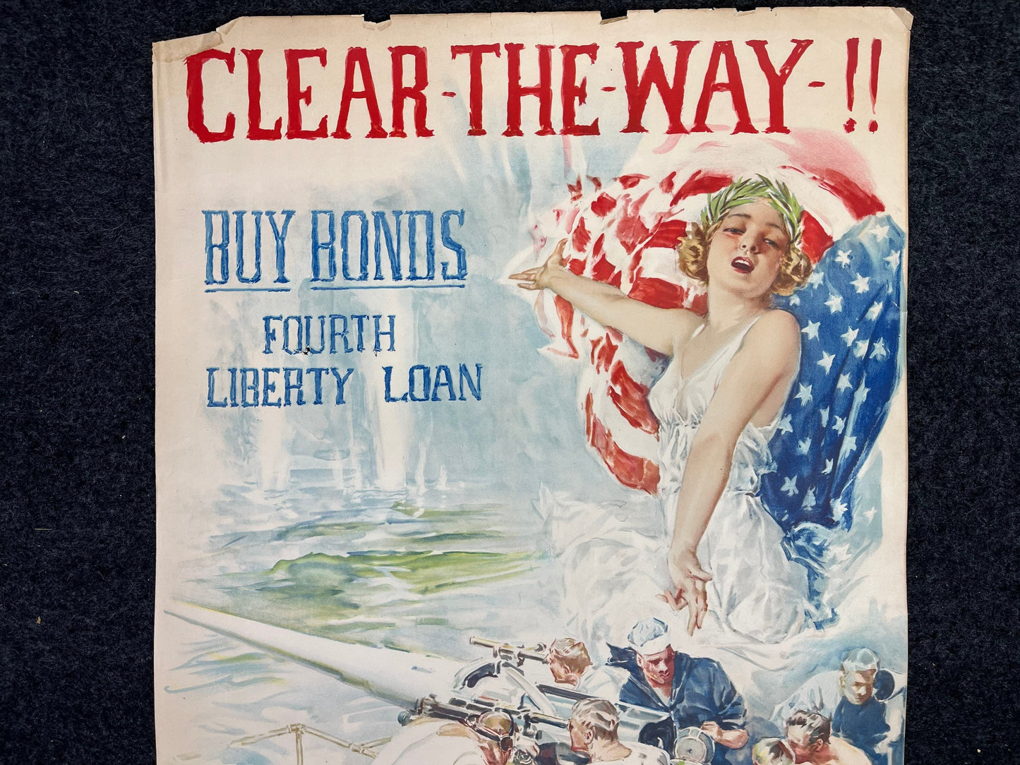 Original WW1 Clear The Way - Lady Columbia - Liberty Bonds Poster - 1917 World War 1 Propaganda Poster, US History, Military Memorabilia