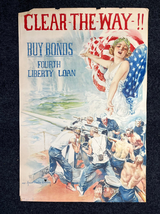 Original WW1 Clear The Way - Lady Columbia - Liberty Bonds Poster - 1917 World War 1 Propaganda Poster, US History, Military Memorabilia