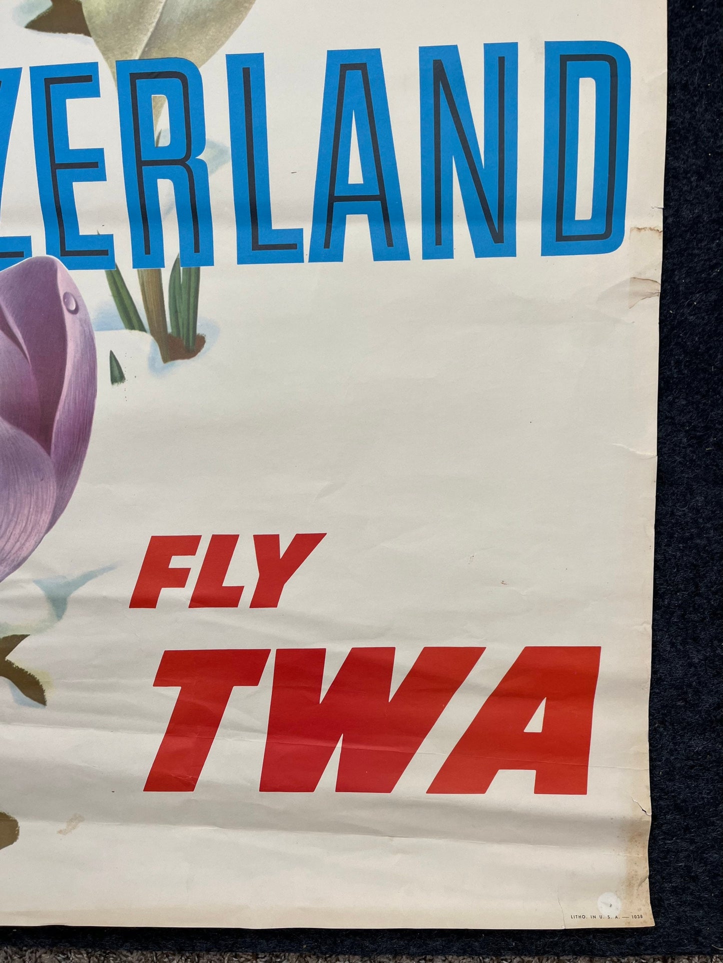 1950s Switzerland Tulips Fly TWA Airlines Vintage Travel Poster Switzerland David Klein - RARE alt art poster - Original Travel Poster, Euro