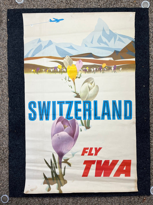 1950s Switzerland Tulips Fly TWA Airlines Vintage Travel Poster Switzerland David Klein - RARE alt art poster - Original Travel Poster, Euro