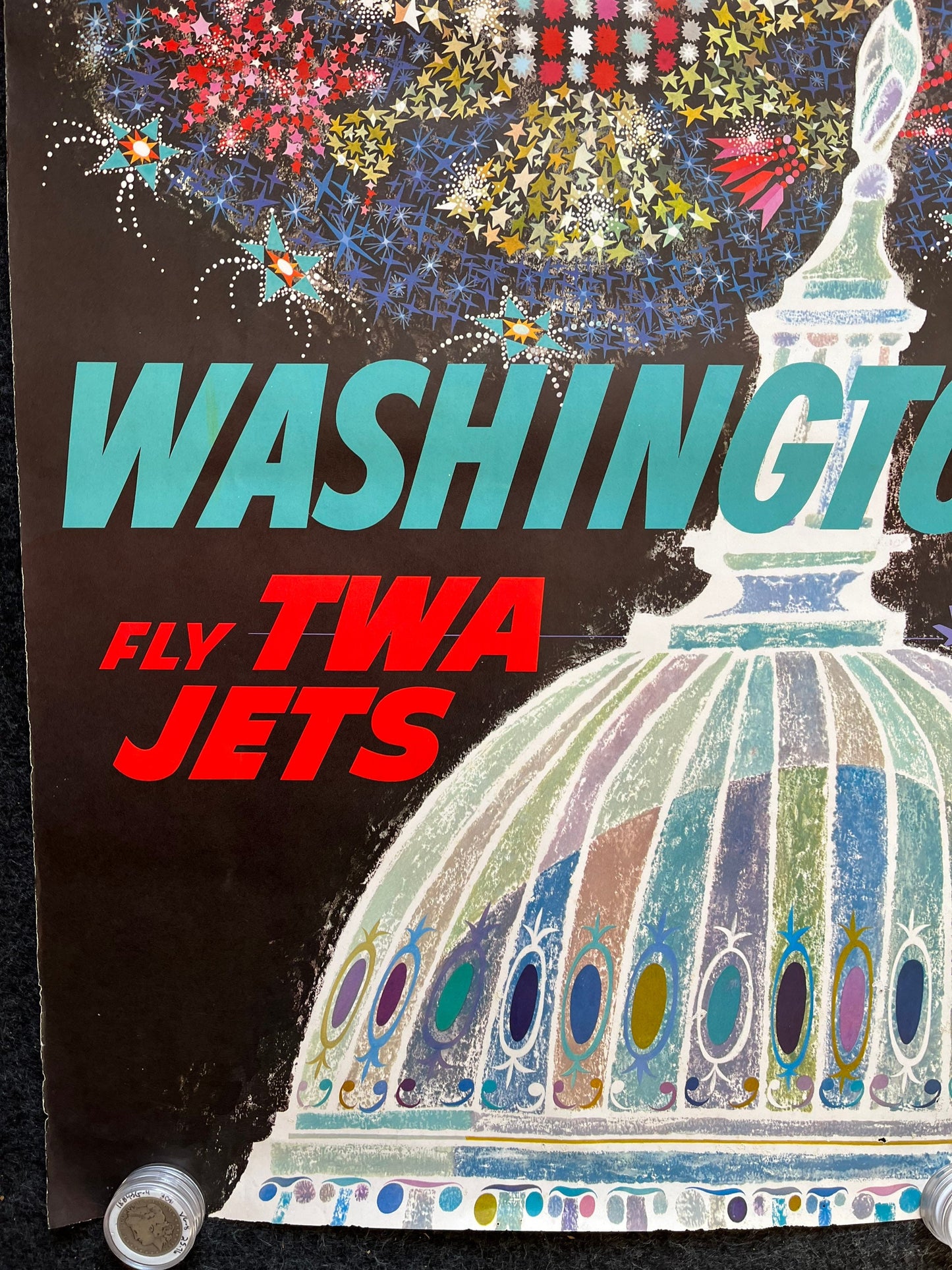 Vintage 1960s Washington DC Unfolded Fly TWA Airline - Vintage Advertising Travel Poster - David Klein Artwork – 25 x 40 - Airline Poster Tr