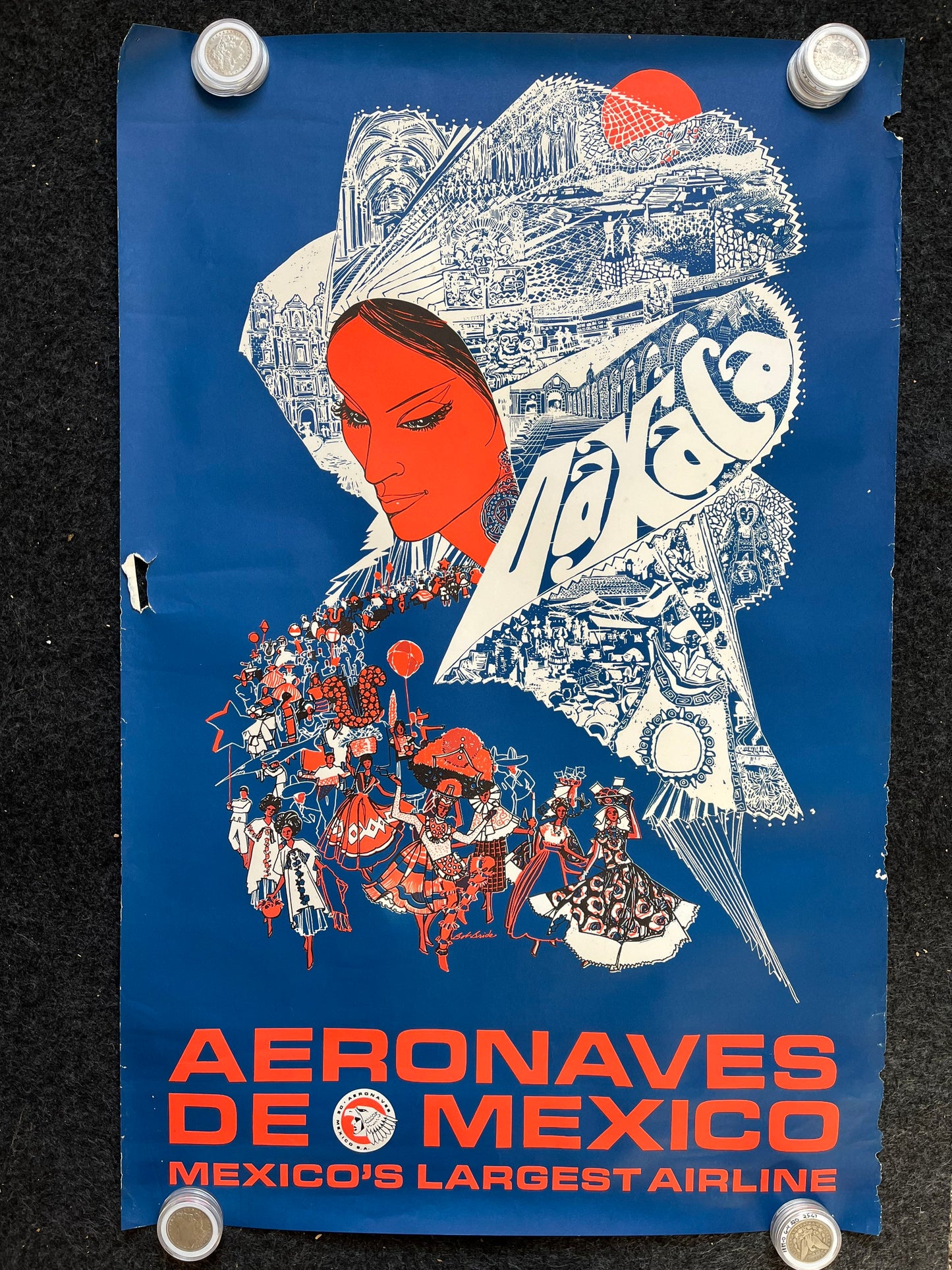 1960s Mexico Aeronaves De Mexico Original Travel Poster, Vintage Mexican Art, Chicken Bird Art, Mexico Souvenirs, Mexican Artwork, Latin Ame