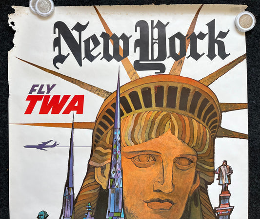 1960 Fly TWA New York City Vintage Travel Poster, Original Travel Poster, Vintage Travel Art, NYC Gifts, New York Souvenirs Artwork, Liberty