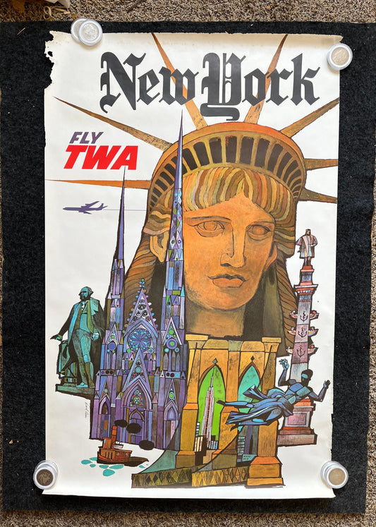 1960 Fly TWA New York City Vintage Travel Poster, Original Travel Poster, Vintage Travel Art, NYC Gifts, New York Souvenirs Artwork, Liberty