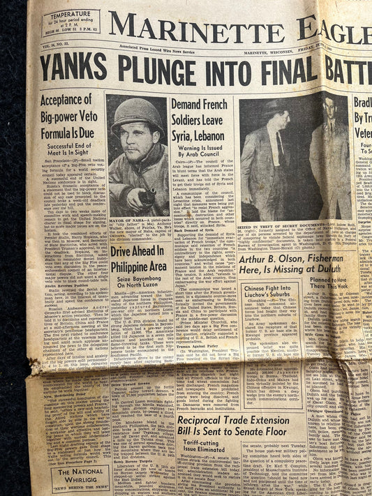 WW2 Invasion of Okinawa, Japanese WW2 Memorabilia, Battle for Okinawa, End of World War 2,Original Vintage Newspaper Military Memorabilia,