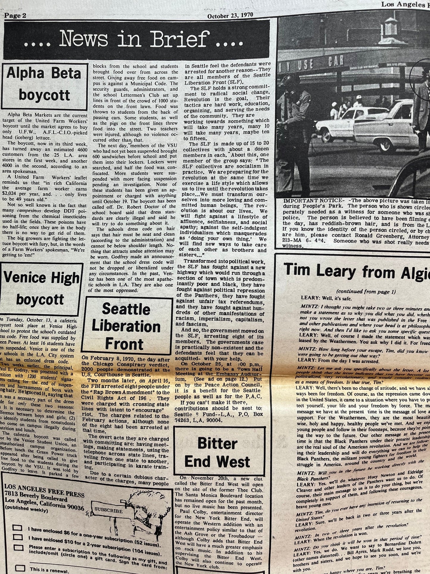 1970s CounterCulture LGBT Los Angeles Free Press, Black Panther Party, Underground Far-Left Newspaper, Vintage Newspaper, Original Newspaper