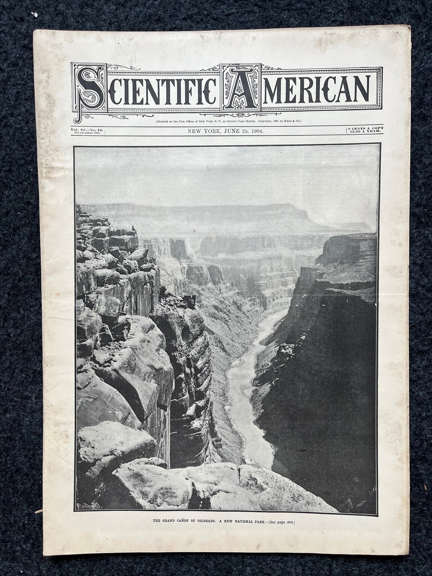 1904 Grand Canyon National Park recieves Protection, US National Parks Memorabilia, Scientific America Newspaper, Science Education Wall l
