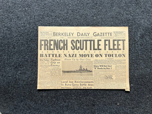 WW2 1940 France Scuttles Fleet Vintage Newspaper, German Advances into France, World War 2 Memorabilia Gifts, History Gifts, Historic Gifts