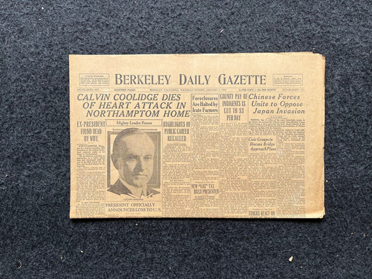 1933 Calvin Coolidge Death, Famous Deaths - Presidential History US History - Original Vintage Newspaper
