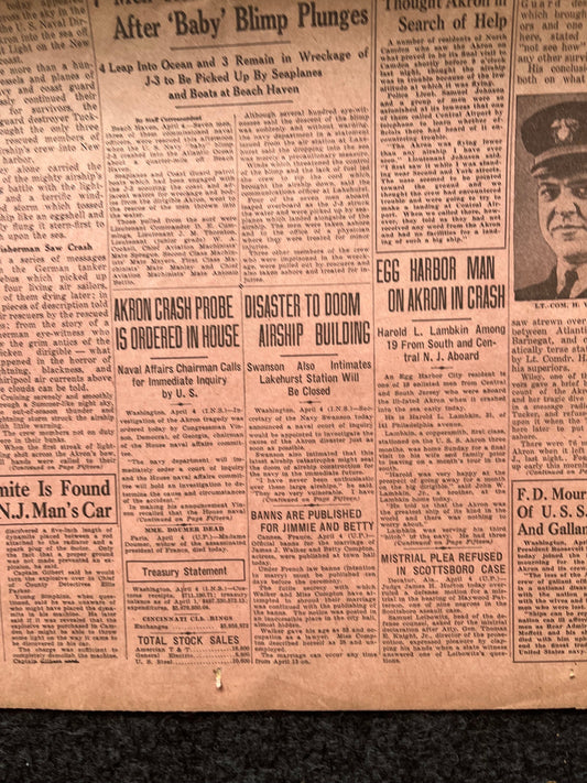 1933 Akron Disaster American War Zeppelins, Germany World War 2, Original Vintage Newspaper, Military Memorabilia