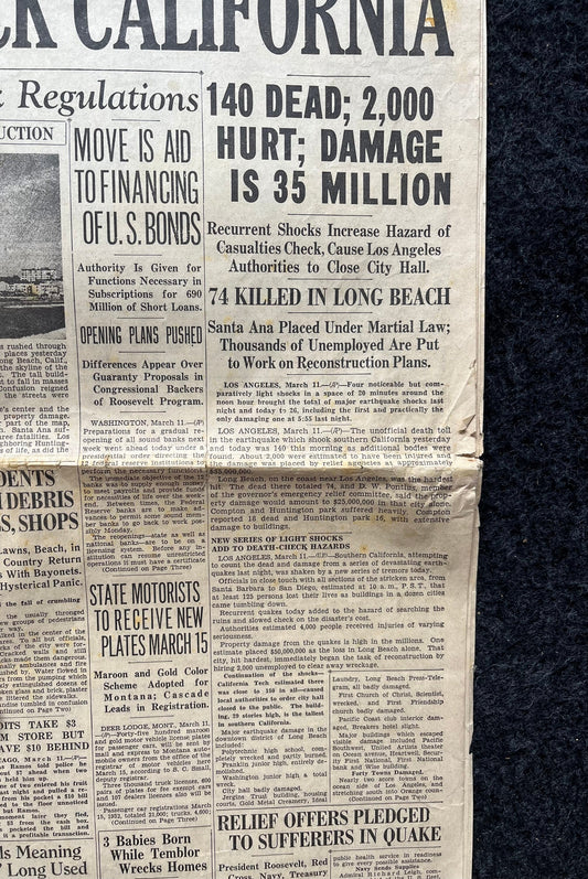 1933 Long Beach Earthquake in California, Famous Disasters and California History, West Coast Memorabilia and Gifts, California Memorabilia