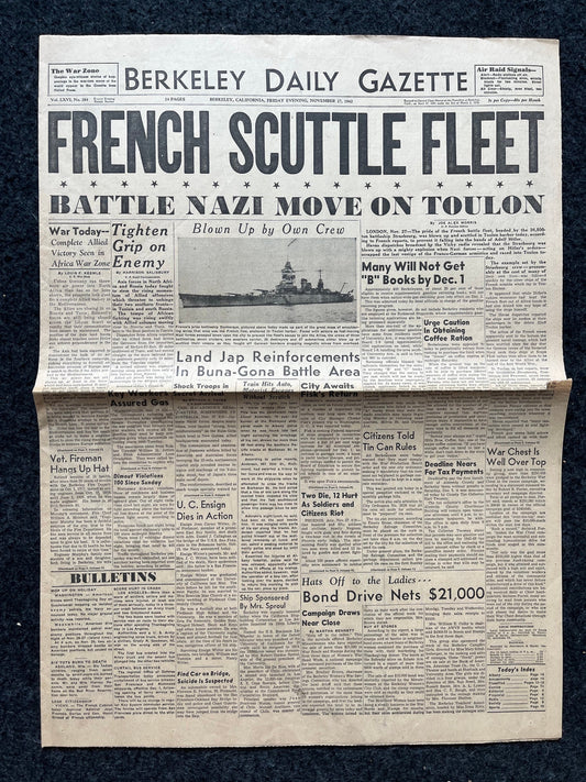 WW2 1940 France Scuttles Fleet Vintage Newspaper, German Advances into France, World War 2 Memorabilia Gifts, History Gifts, Historic Gifts