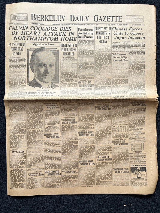 1933 Calvin Coolidge Death, Famous Deaths - Presidential History US History - Original Vintage Newspaper