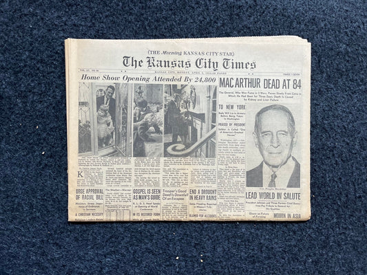 1964 Death of  Douglass MacArthur – Korean War WW2 Philippines General – Original Vintage Newspaper, Antique gifts, history memorabila