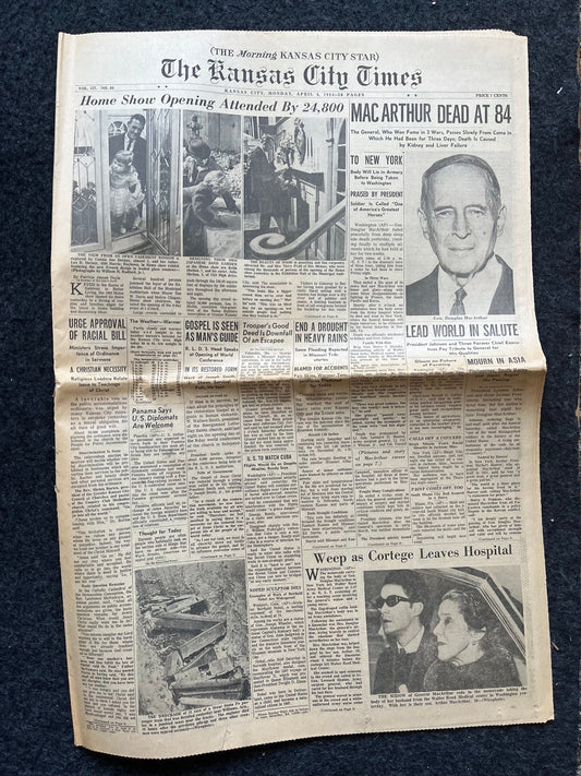 1964 Death of  Douglass MacArthur – Korean War WW2 Philippines General – Original Vintage Newspaper, Antique gifts, history memorabila