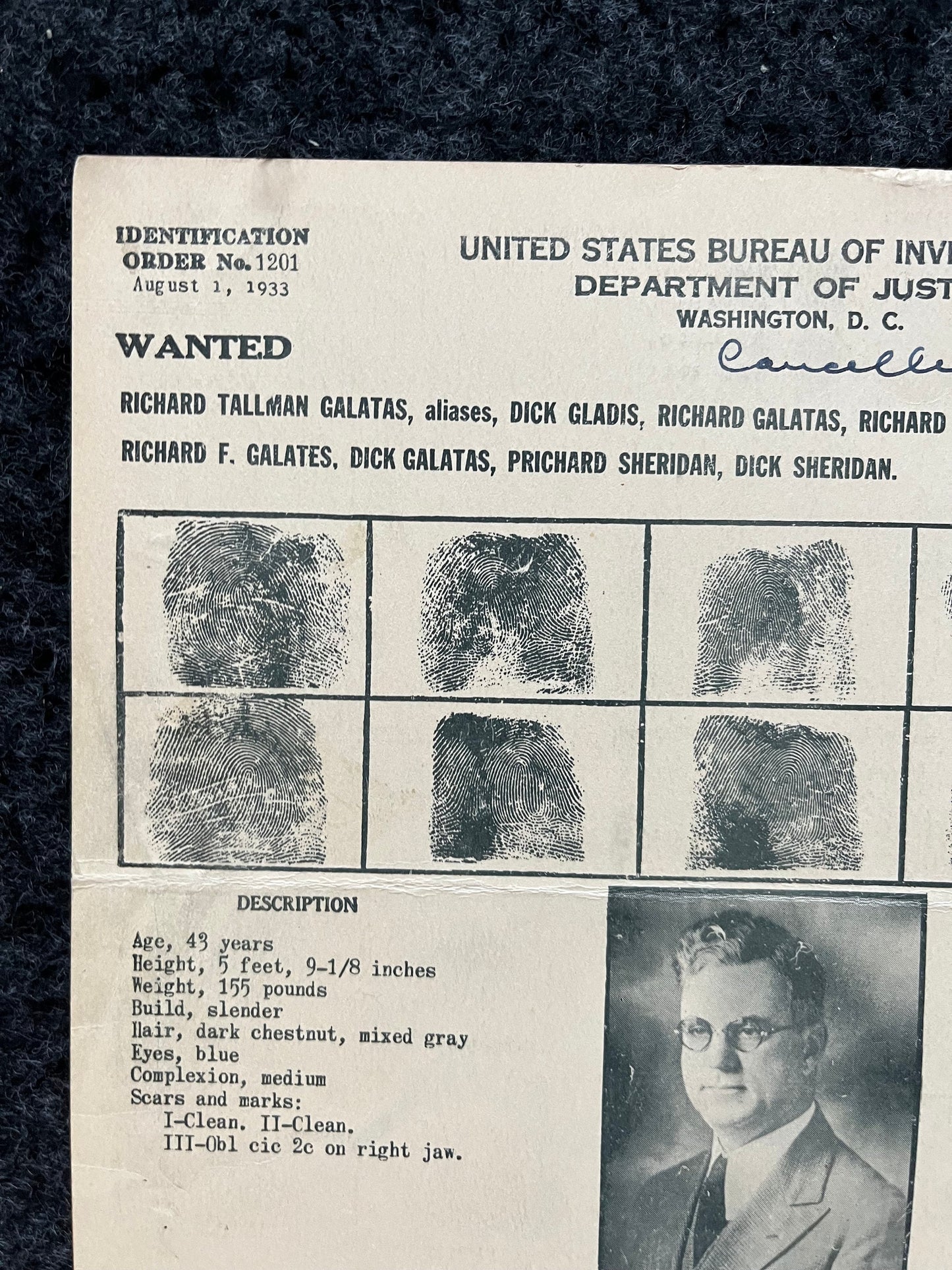 Authentic KC Massacre 1933 Richard Galatas FBI Wanted Poster with Certificate of Authenticity, True Crime Memorabilia, 1930s Prohibition law
