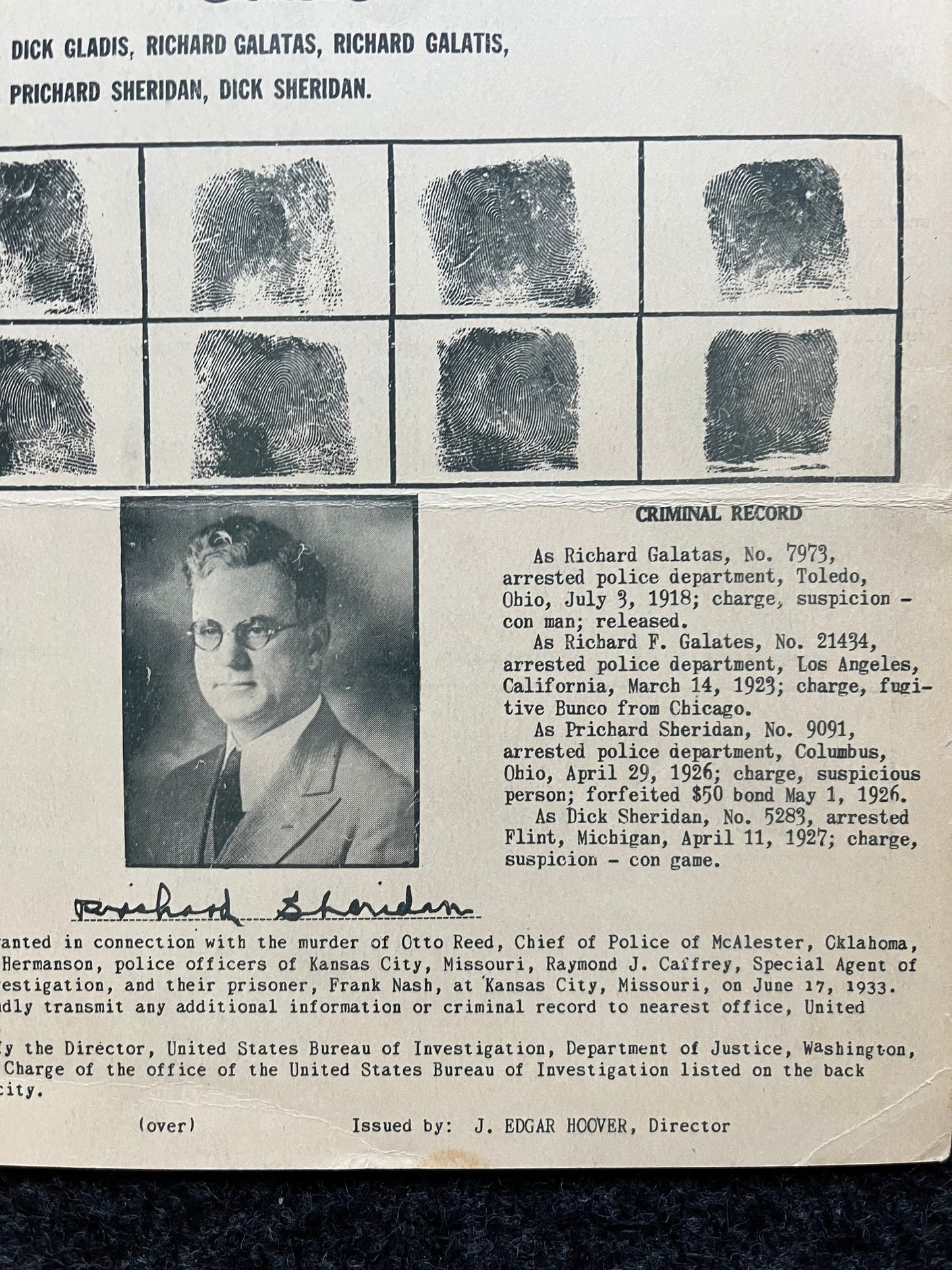Authentic KC Massacre 1933 Richard Galatas FBI Wanted Poster with Certificate of Authenticity, True Crime Memorabilia, 1930s Prohibition law