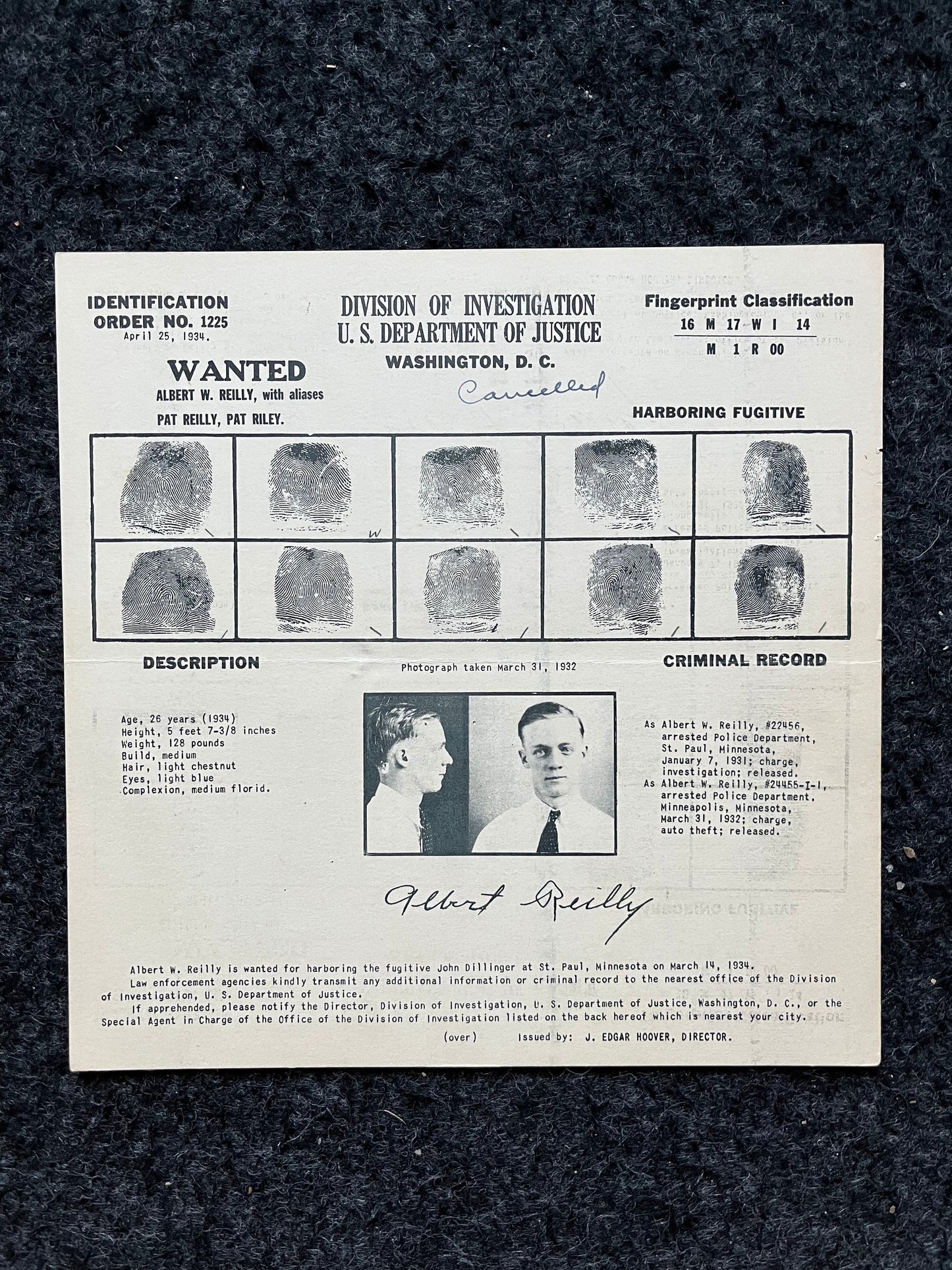 Authentic 1934 Albert Reilly Dillinger Gang, FBI Wanted Poster with Certificate of Authenticity, True Crime Memorabilia, 1930s Prohibition