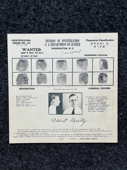 Authentic 1934 Albert Reilly Dillinger Gang, FBI Wanted Poster with Certificate of Authenticity, True Crime Memorabilia, 1930s Prohibition