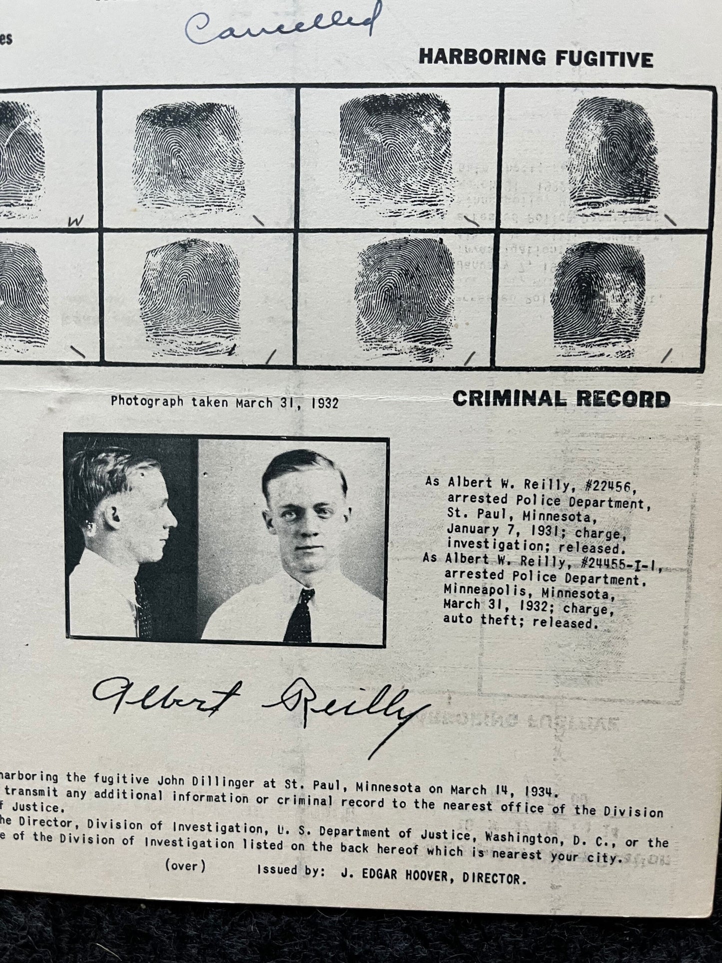 Authentic 1934 Albert Reilly Dillinger Gang, FBI Wanted Poster with Certificate of Authenticity, True Crime Memorabilia, 1930s Prohibition