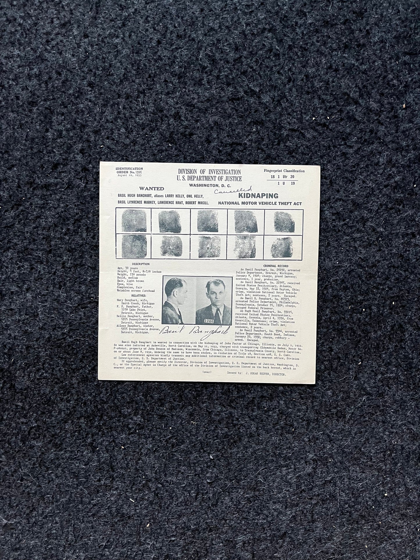 Authentic 1930s Joseph Cretzer, Cretzer-Kyle Gang, FBI Wanted Poster with Certificate of Authenticity, True Crime Memorabilia, 1930s
