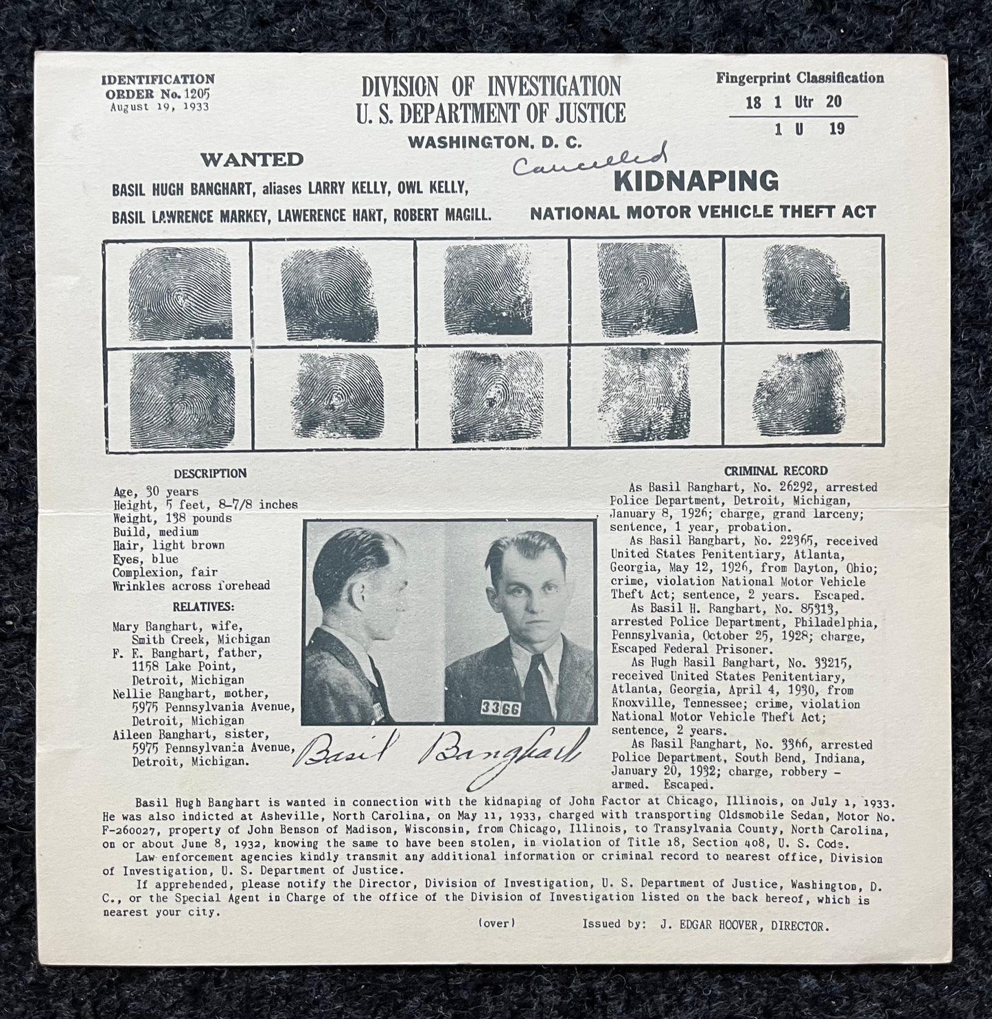 Authentic 1930s Joseph Cretzer, Cretzer-Kyle Gang, FBI Wanted Poster with Certificate of Authenticity, True Crime Memorabilia, 1930s