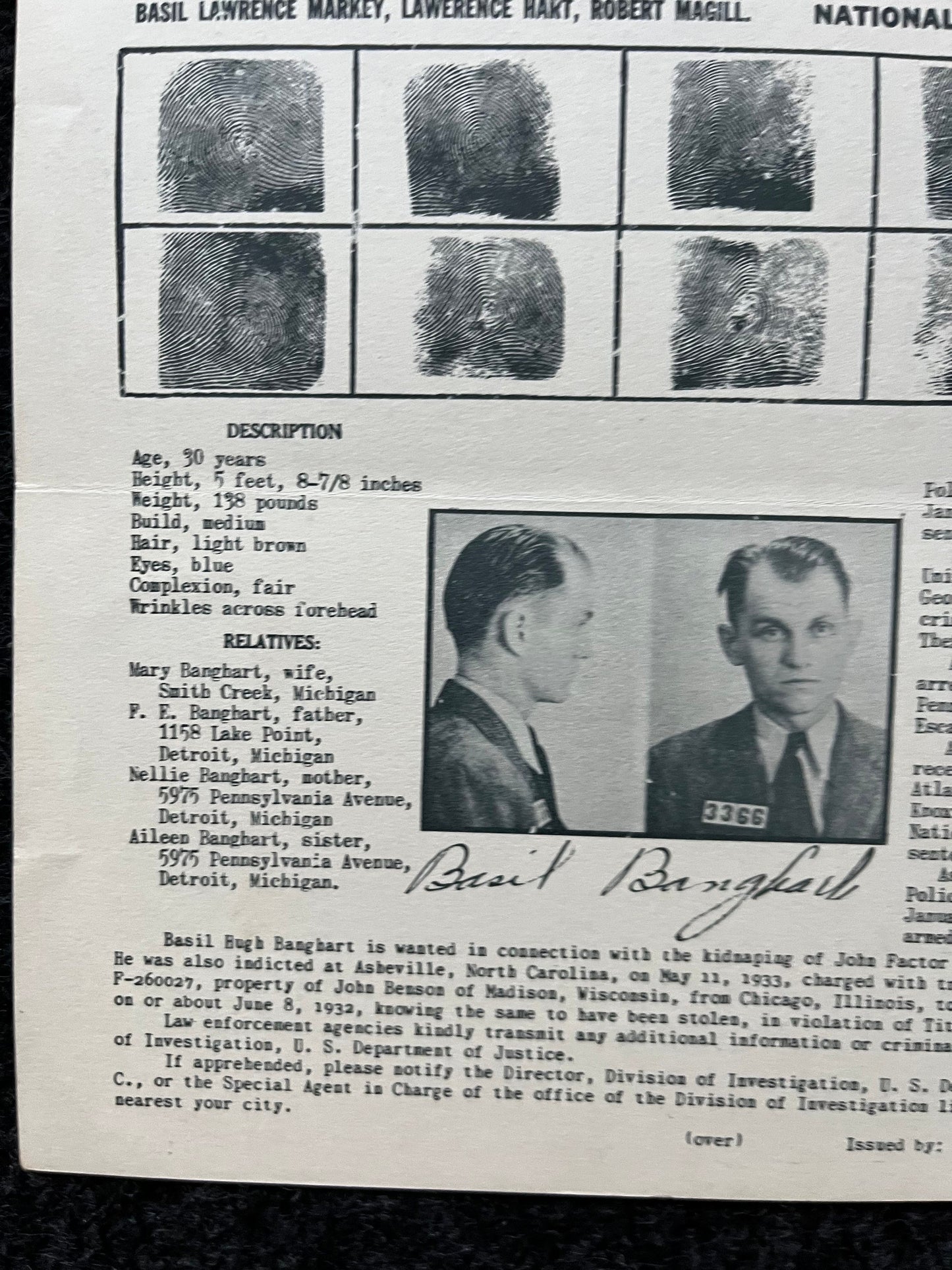 Authentic 1930s Joseph Cretzer, Cretzer-Kyle Gang, FBI Wanted Poster with Certificate of Authenticity, True Crime Memorabilia, 1930s