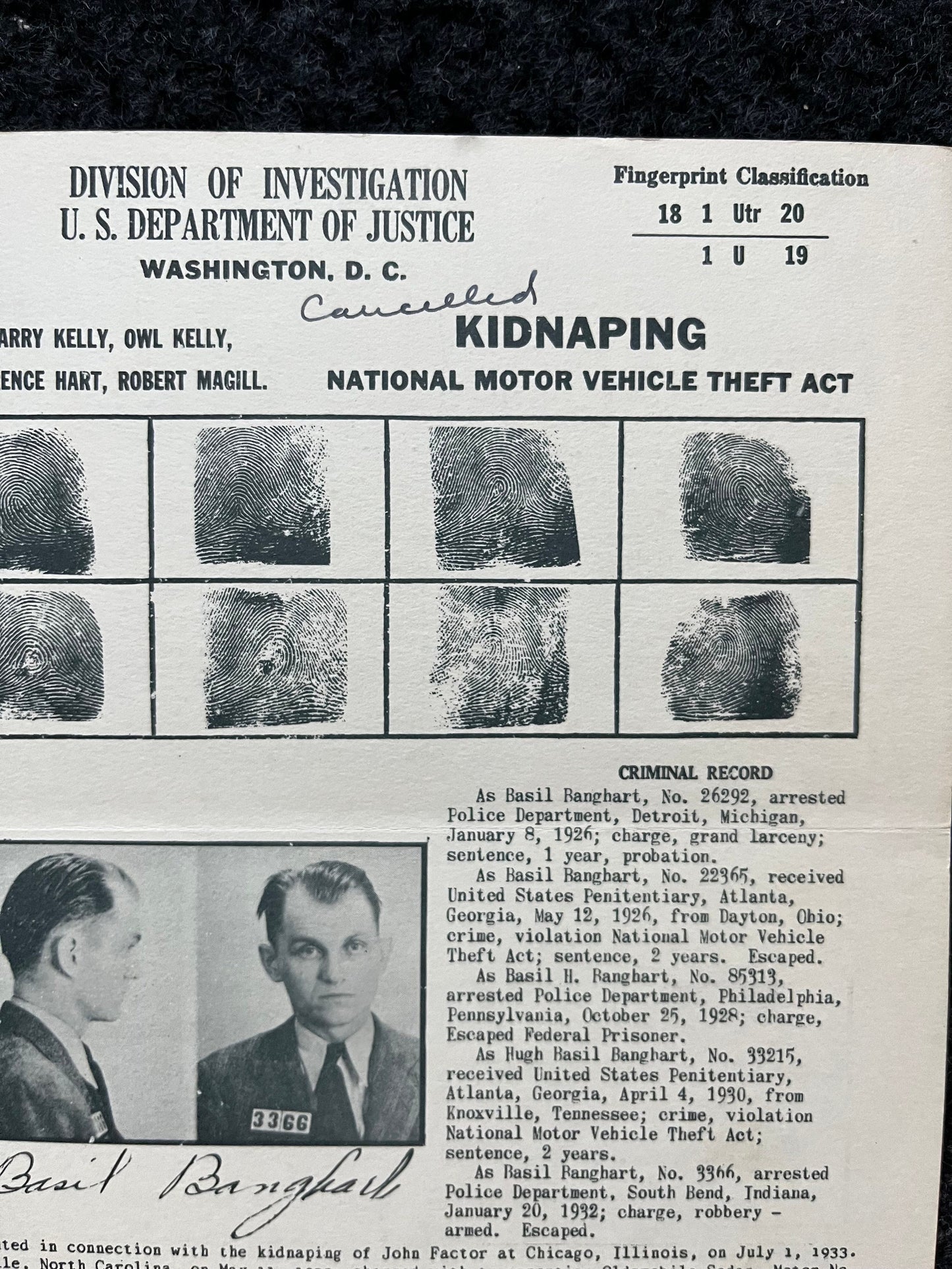 Authentic 1930s Joseph Cretzer, Cretzer-Kyle Gang, FBI Wanted Poster with Certificate of Authenticity, True Crime Memorabilia, 1930s