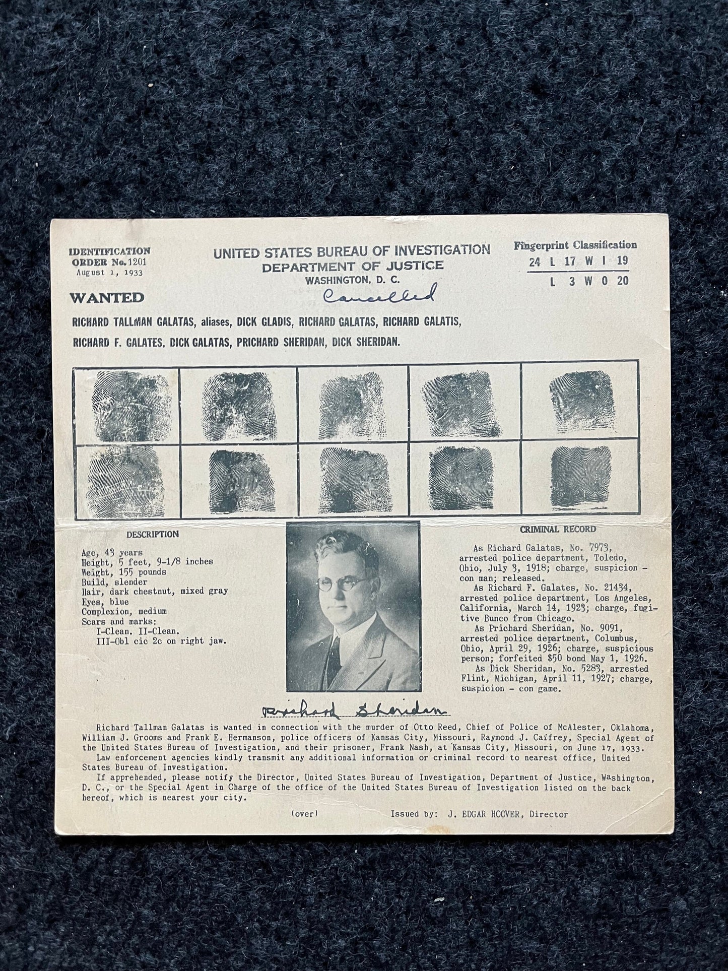 Authentic KC Massacre 1933 Richard Galatas FBI Wanted Poster with Certificate of Authenticity, True Crime Memorabilia, 1930s Prohibition law