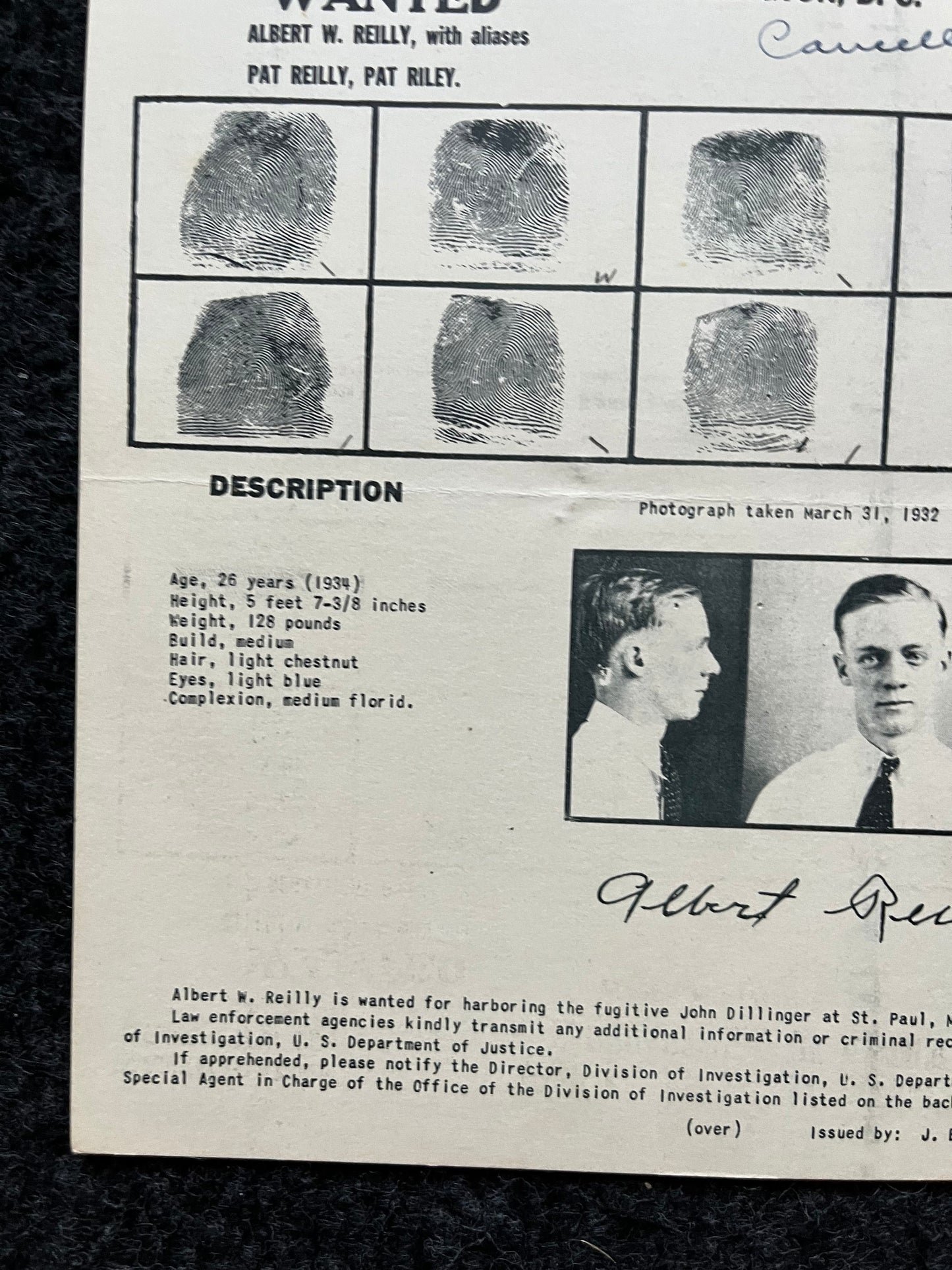 Authentic 1934 Albert Reilly Dillinger Gang, FBI Wanted Poster with Certificate of Authenticity, True Crime Memorabilia, 1930s Prohibition