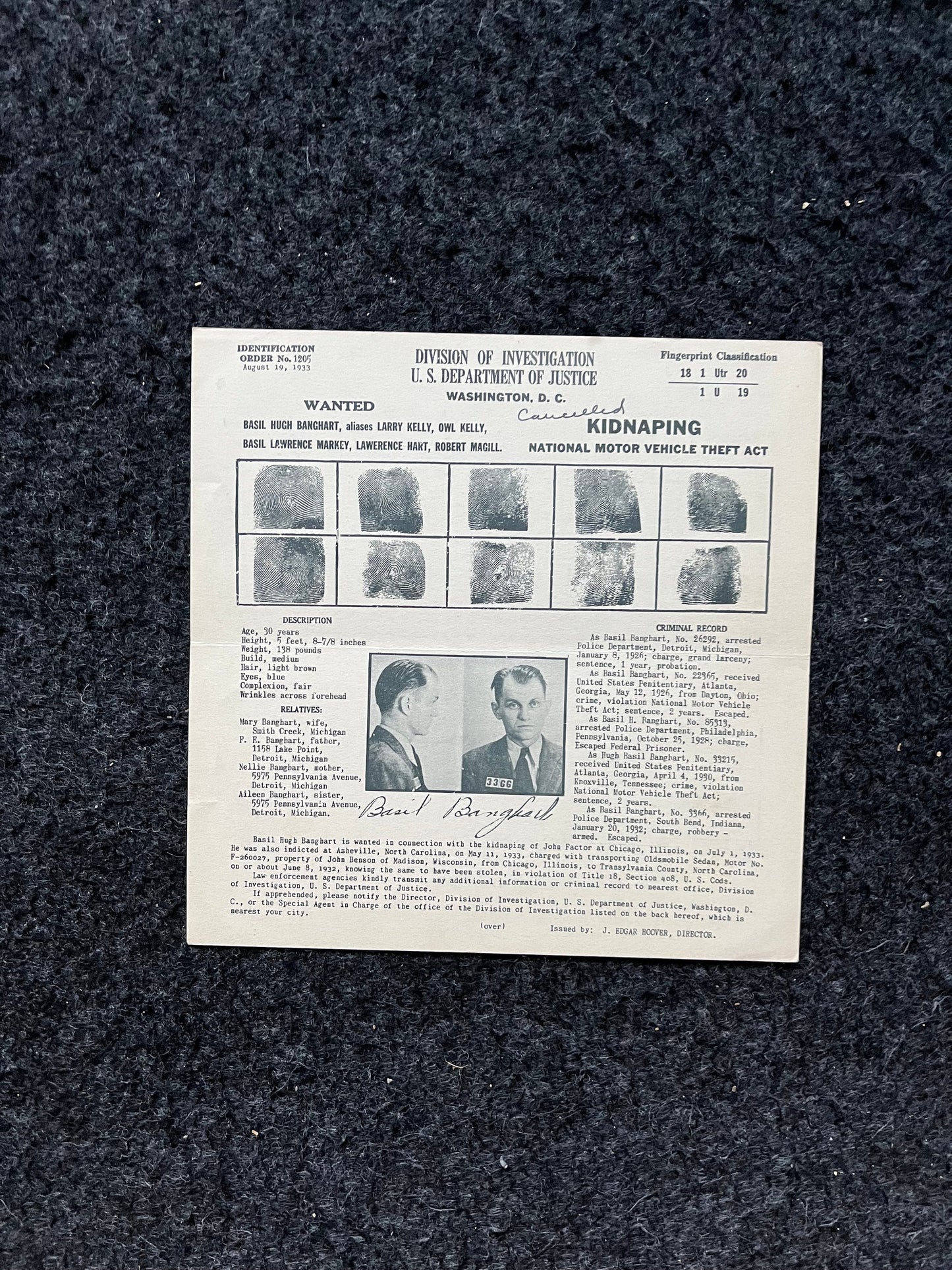 Authentic 1930s Joseph Cretzer, Cretzer-Kyle Gang, FBI Wanted Poster with Certificate of Authenticity, True Crime Memorabilia, 1930s