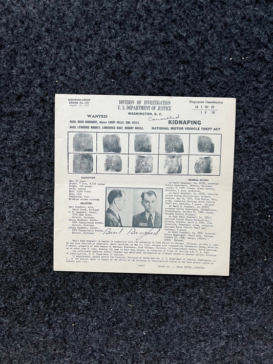 Authentic 1930s Joseph Cretzer, Cretzer-Kyle Gang, FBI Wanted Poster with Certificate of Authenticity, True Crime Memorabilia, 1930s
