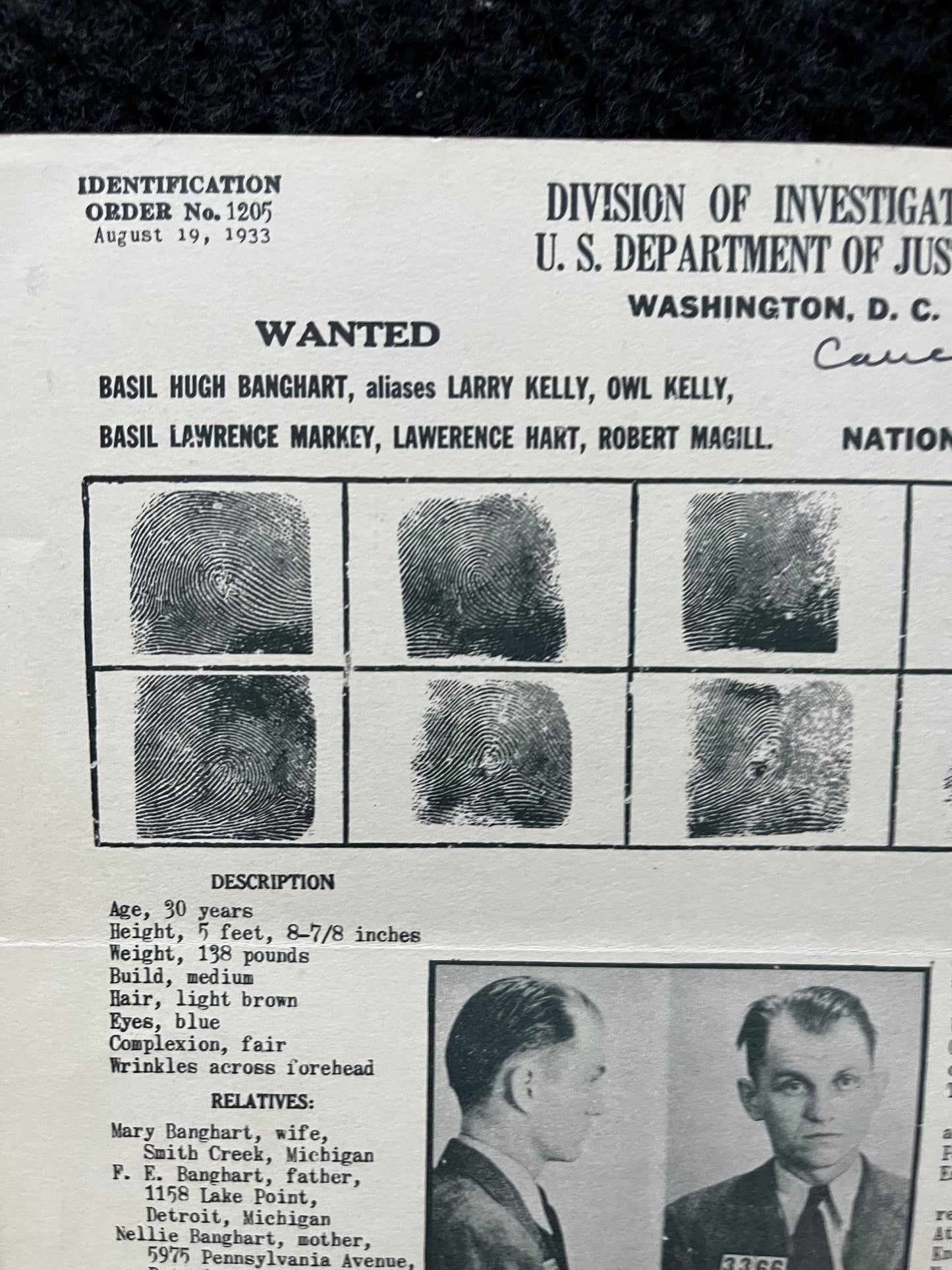 Authentic 1930s Joseph Cretzer, Cretzer-Kyle Gang, FBI Wanted Poster with Certificate of Authenticity, True Crime Memorabilia, 1930s