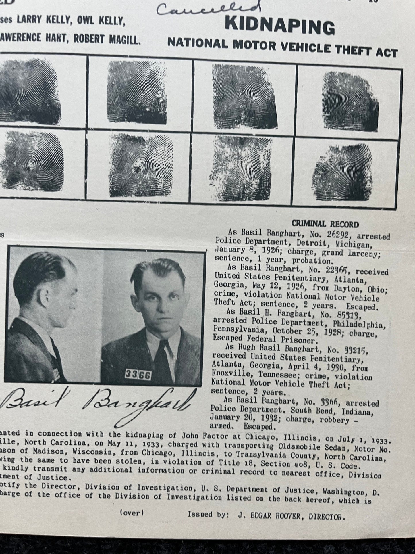 Authentic 1930s Joseph Cretzer, Cretzer-Kyle Gang, FBI Wanted Poster with Certificate of Authenticity, True Crime Memorabilia, 1930s