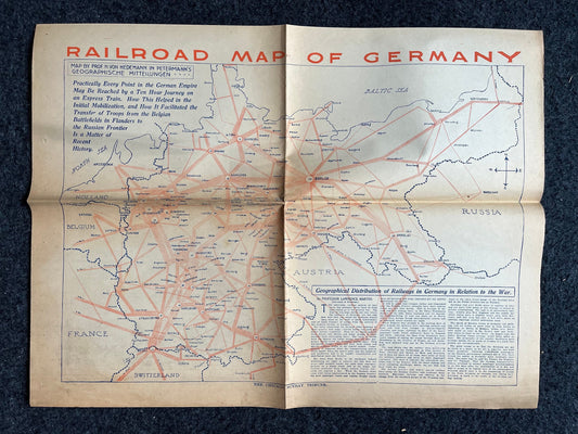 1914 German Railroad World War I Map - WWI Memorabilia and Wall Decor, Vintage Maps of Europe, Vintage Newspapers, WWI Germany Memorabilia,