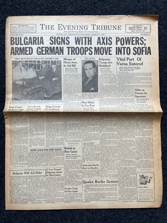 1941 Fall of Bulgaria Bulgarian History World War 2, Original Vintage Newspaper, Military Memorabilia Gifts for Him, History Wall decor, WW3