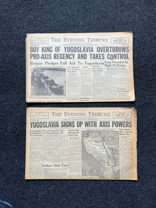 1941 Fall of Yugoslavia, East Europe, Operation Marita, Dad Husband gifts, World War 2 Memorabilia, History Gifts, Vintage Newspaper, WW3