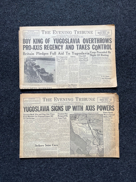 1941 Fall of Yugoslavia, East Europe, Operation Marita, Dad Husband gifts, World War 2 Memorabilia, History Gifts, Vintage Newspaper, WW3