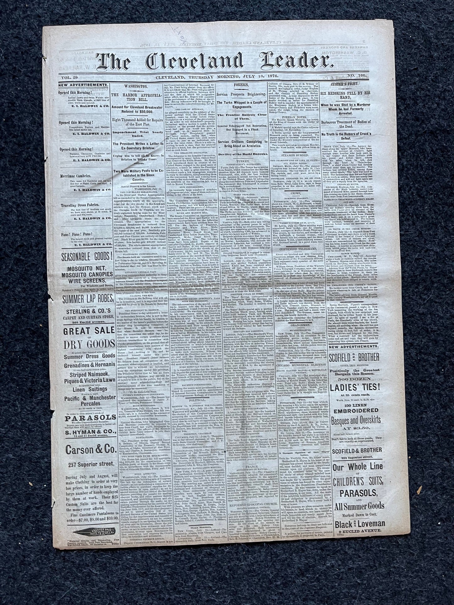 Original 1876 General Custers Last Stand, Battle of Little Bighorn Wild West Gifts, Vintage Newspaper US Civil War Military Gifts, Husband
