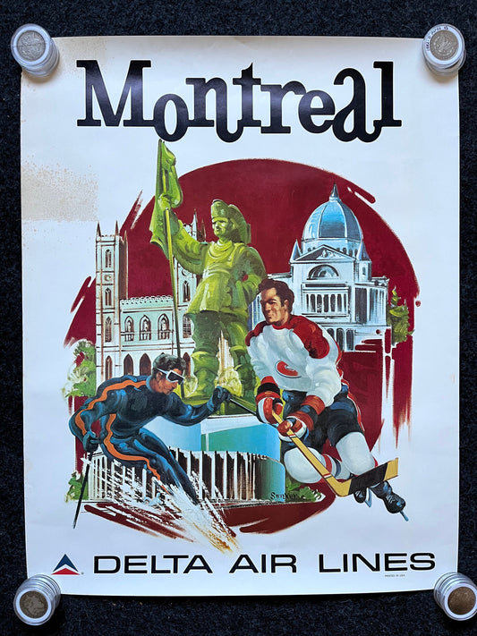 Original Montreal Canadian Travel Poster, Hockey Skiing Gifts, Vintage Aviation Travel Wall Decor, Delta Vintage Poster, Gifts for Candians,