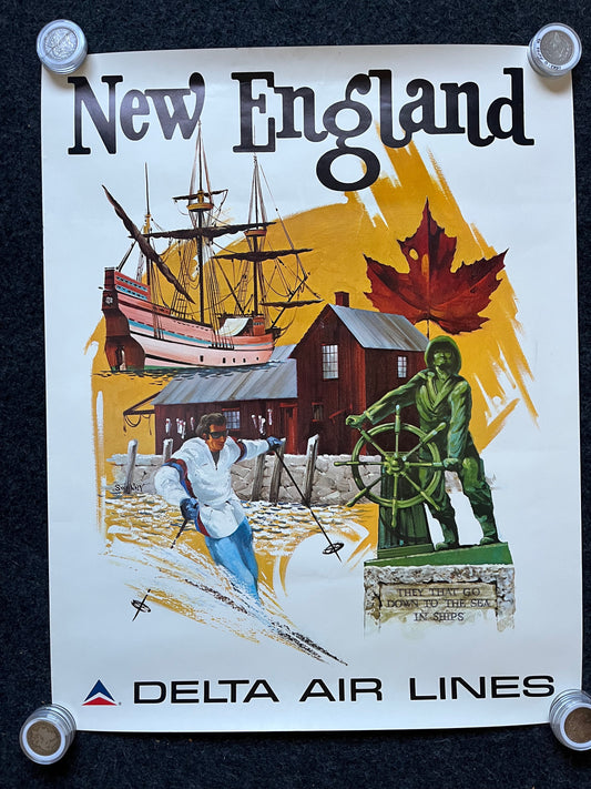 Original New England Travel Poster, Northwest Skiing Gifts, Vintage Aviation Travel Wall Decor, Delta Vintage Poster, Old Ironside Ship, Nav