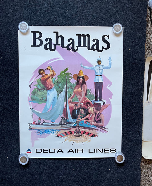 Original Bahamas Caribbean Travel Poster, Golfing Sailing Gifts for Dads, Vintage Aviation Travel Wall Decor, Delta Vintage Poster, Gifts fo