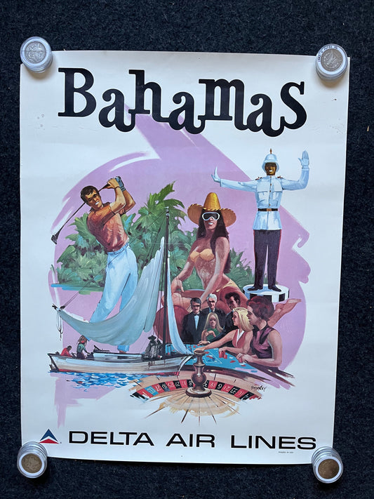 Original Bahamas Caribbean Travel Poster, Golfing Sailing Gifts for Dads, Vintage Aviation Travel Wall Decor, Delta Vintage Poster, Gifts fo