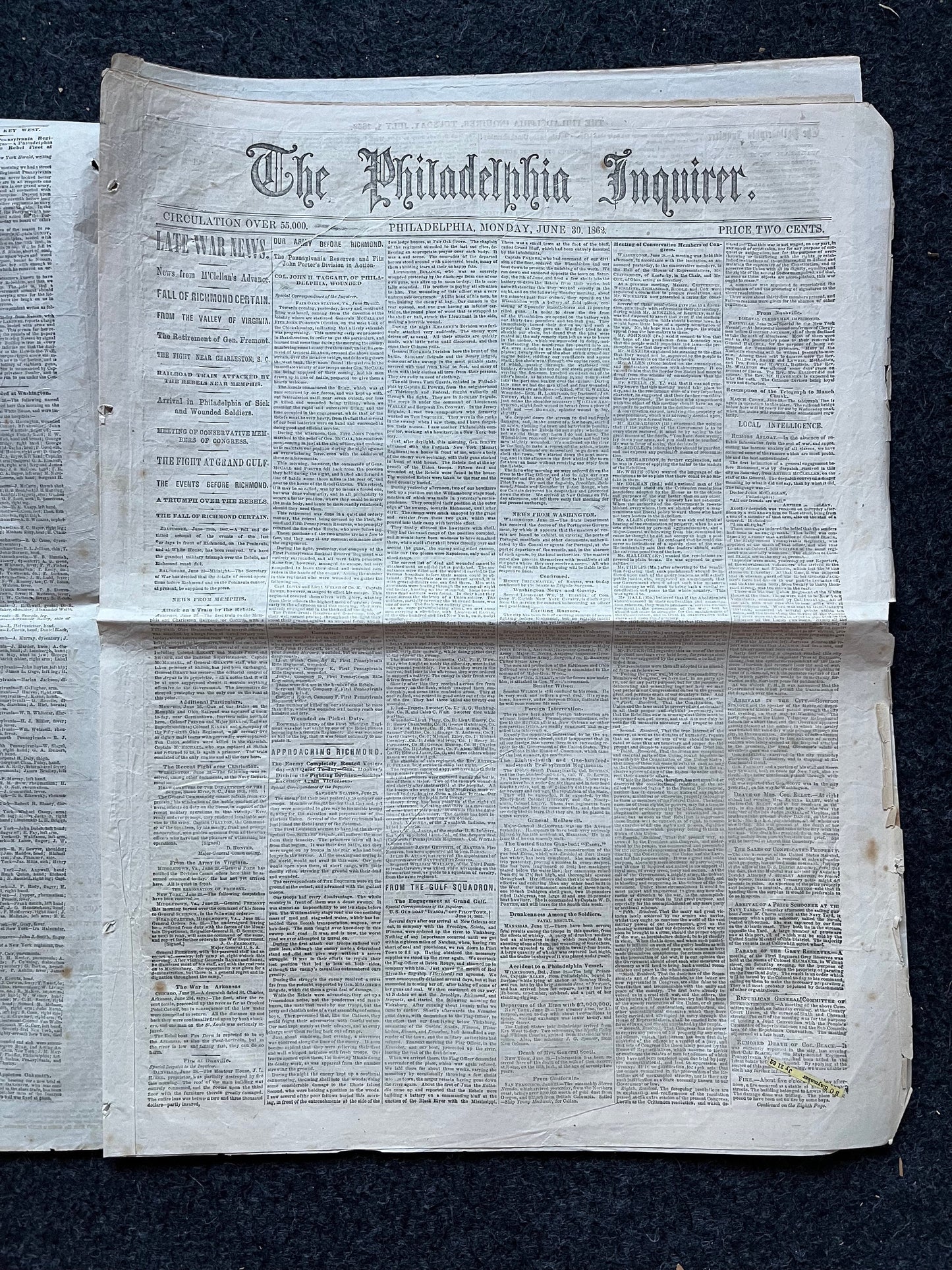 1862 Seven Days Battle of Virginia, Lee Triumphs over GAR, Civil War Map Original Newspaper, Virginia History Memorabilia, Gifts for Dads