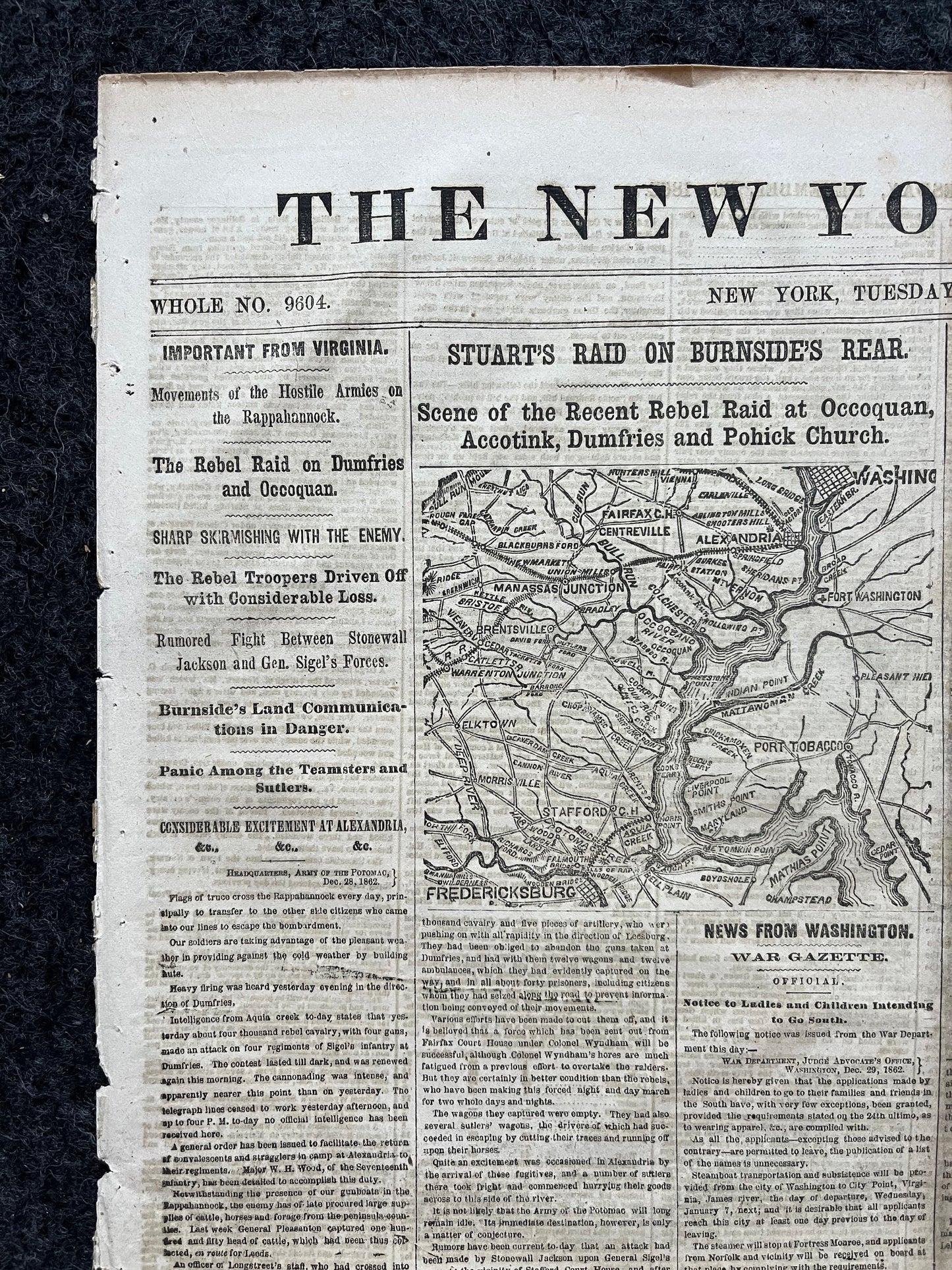 1862 Battle at Fredickburg, Ulysses S Grant Vs Lee, Civil War Map Original Newspaper, Virginia History Memorabilia, Gifts for Dads Civil War