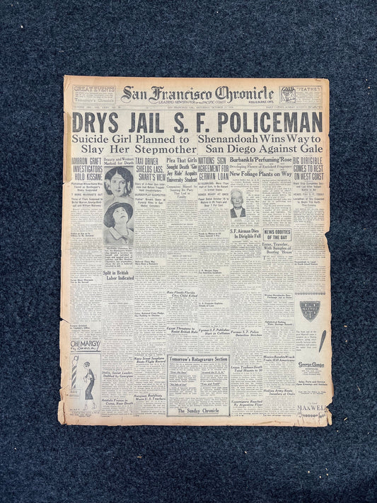 1924 Prohibition Newspaper, San Francisco Jails Police Officer, Vintage Newspaper, Beer Alcohol Wall Decor, Mancave Decorations Gift for Him