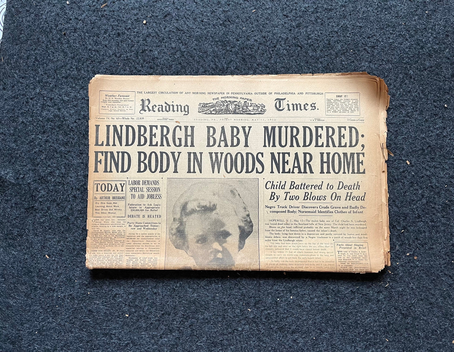 1932 Charles Lindbergh Baby Death – Original Day Of Newspaper – Lindbergh Conspiracy Hauptmann – Original Vintage Newspaper – Conspiracy