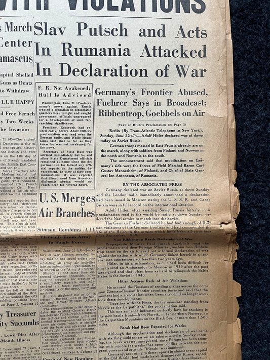 1941 Day Of WW2 German Invasion of Russia Operation Barbossa, Eastern Front Battle For Moscow, Original Newspaper, Military Gifts, WW3