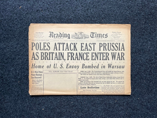 Start of World War 2 - France Britain Declare War - WW2 Memorabilia decor Germany Blitzkreig - WW2 Newspaper Original Vintage Newspaper